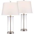Modern Coastal Style Table Lamps 26" High Set of 2 Fillable Clear Glass Steel Metal White Empire Fabric Shade for Living Room Bedroom Beach House Bedside Nightstand Home Office