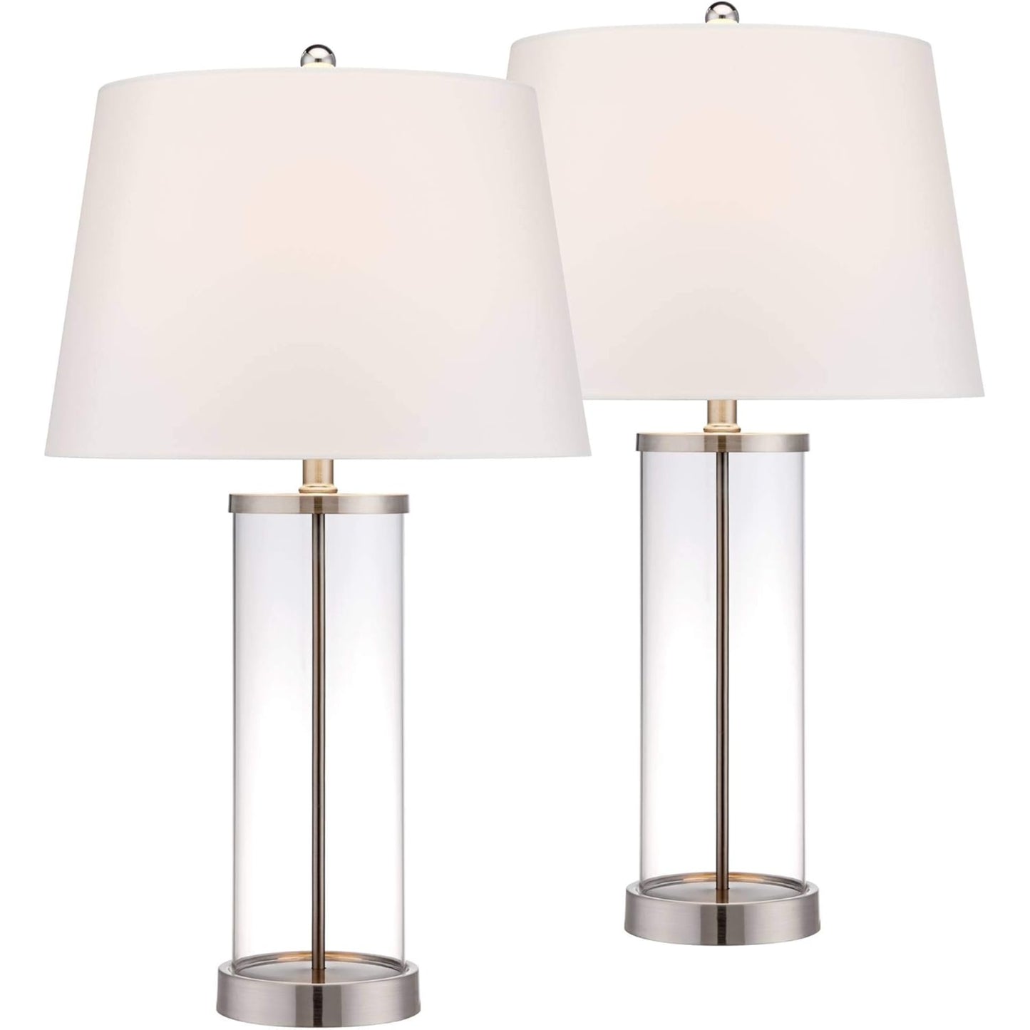 Modern Coastal Style Table Lamps 26" High Set of 2 Fillable Clear Glass Steel Metal White Empire Fabric Shade for Living Room Bedroom Beach House Bedside Nightstand Home Office