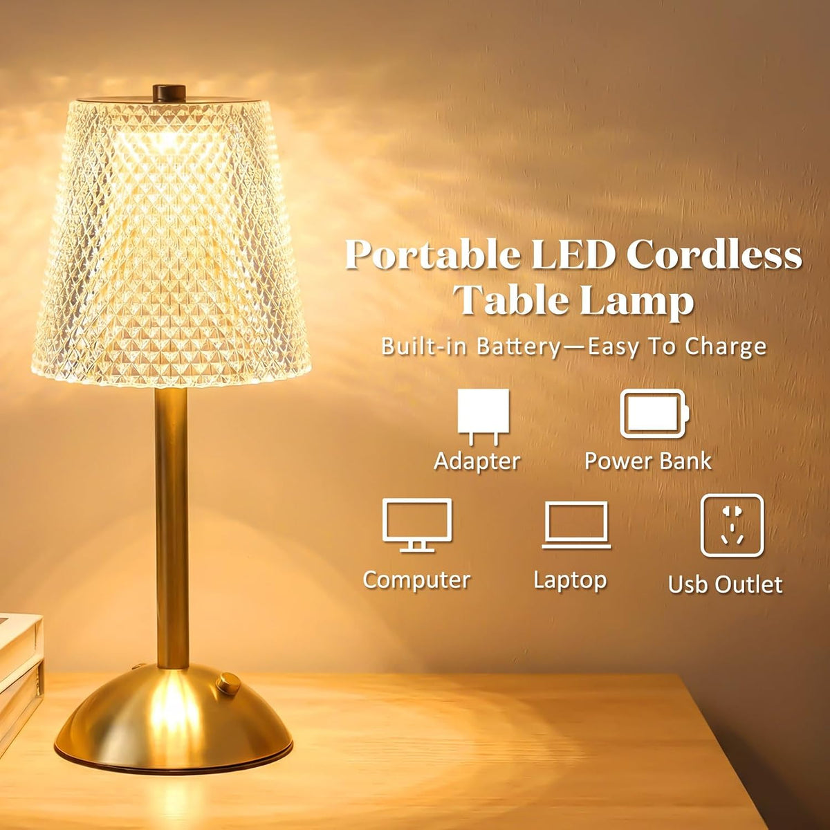 2 Pcs Cordless Table Lamp LED Touch, Gold, Crystal Cut Style