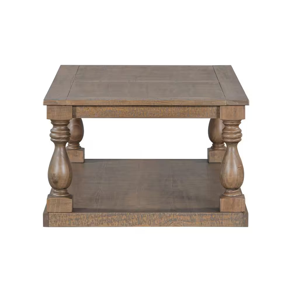Rustic 43.5 In. Brown Rectangle Solid Wood Coffee Table with Storage Shelf, Artistic Vase Column Legs