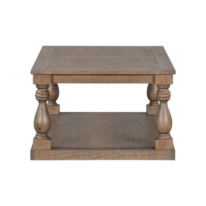Rustic 43.5 In. Brown Rectangle Solid Wood Coffee Table with Storage Shelf, Artistic Vase Column Legs