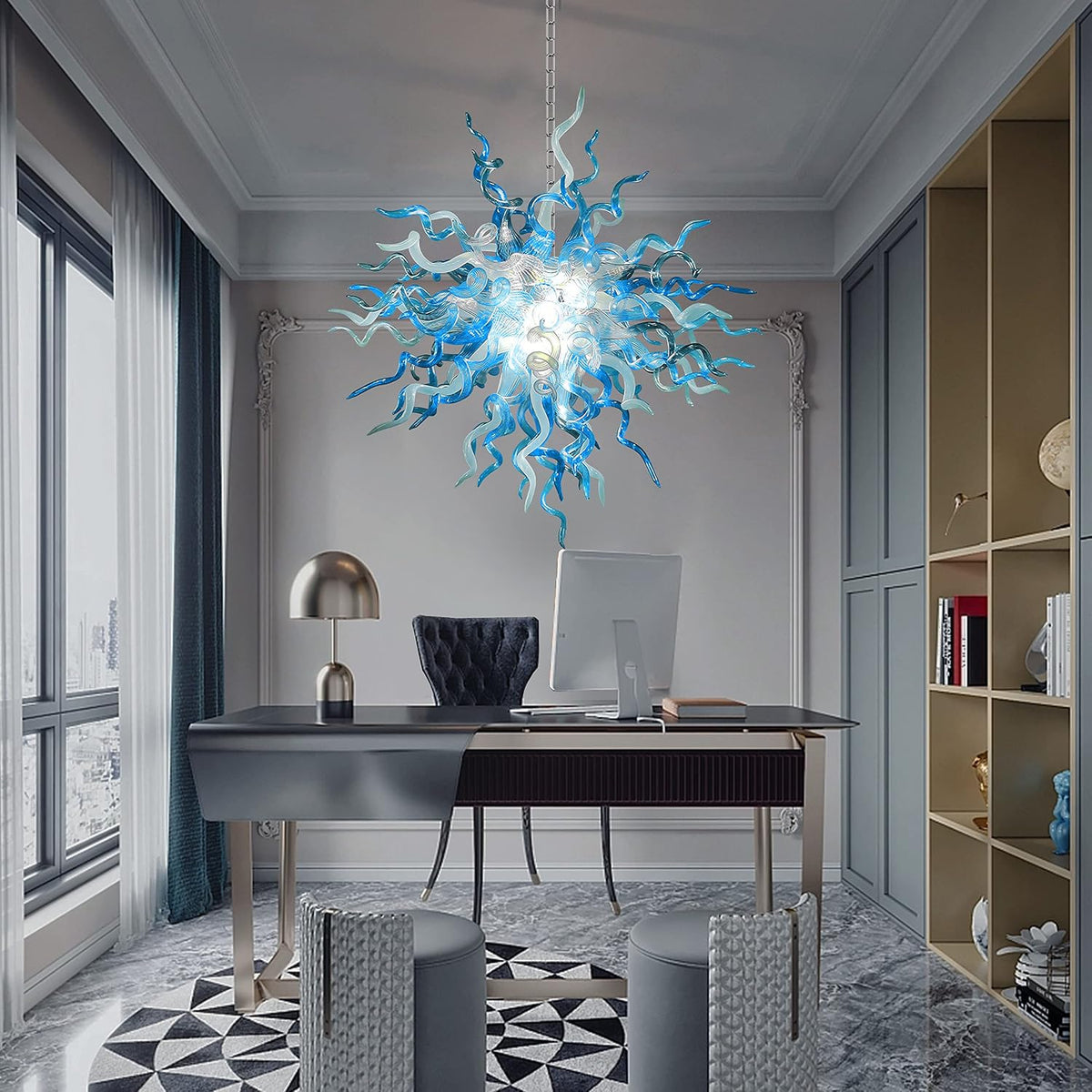 28" Hand Blown Glass Chandelier, Blue White Art Deco Pendant