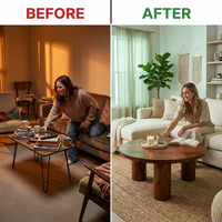 36 In. Dark Brown round Wood Scandinavian Coffee Table with Cylindrical Legs — Before & After