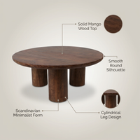 36 In. Dark Brown round Wood Scandinavian Coffee Table with Cylindrical Legs — infographic