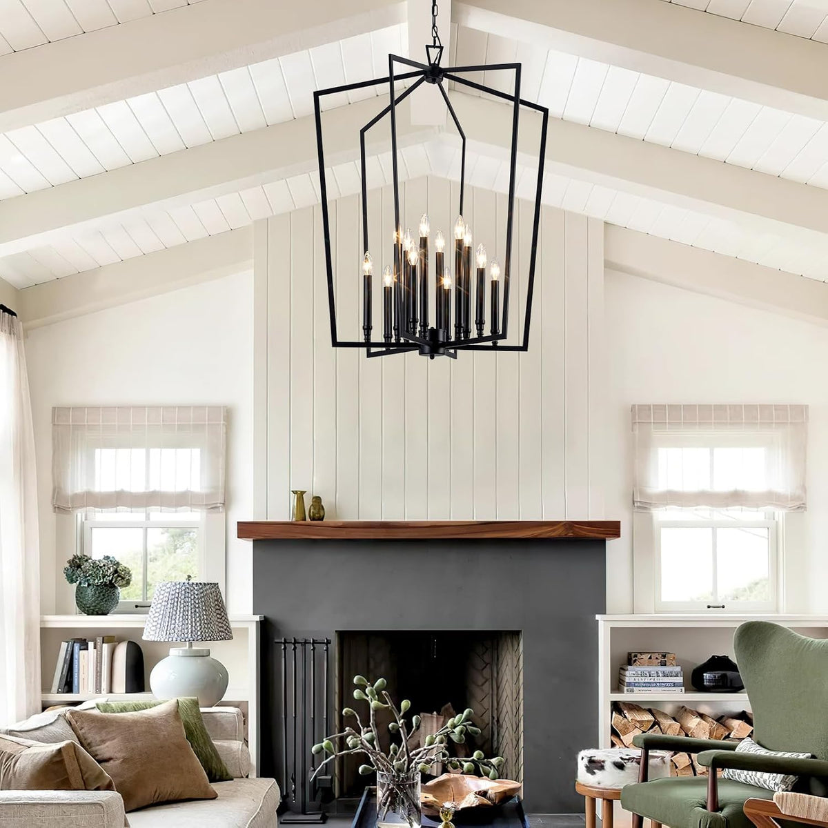 Modern Large Black Lantern Foyer Entryway Chandelier