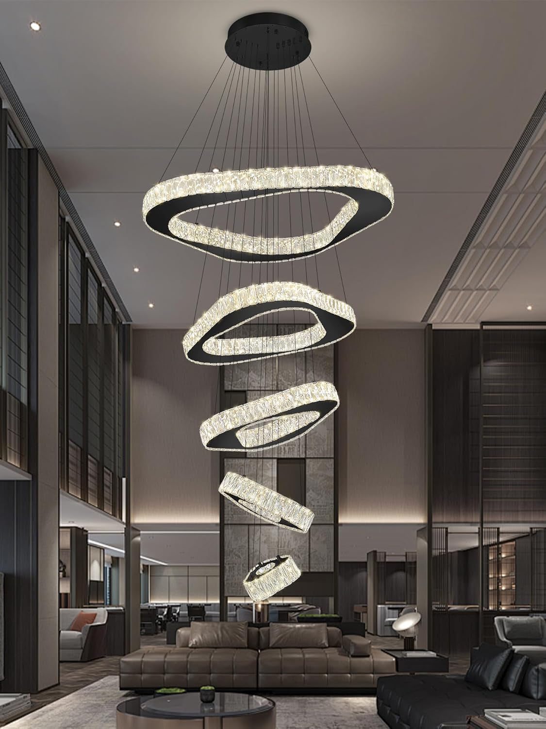 Large Modern Chandelier 5 Ring Chandeliers for High Ceiling Dimmable Black Chandelier High Ceiling Foyer Chandeliers for Living Room Dining Room Staircase