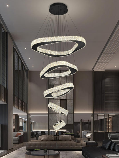 Large Modern Chandelier 5 Ring Chandeliers for High Ceiling Dimmable Black Chandelier High Ceiling Foyer Chandeliers for Living Room Dining Room Staircase