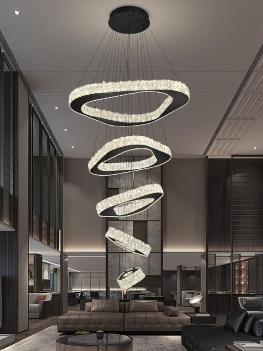 Large Modern Chandelier 5 Ring Chandeliers for High Ceiling Dimmable Black Chandelier High Ceiling Foyer Chandeliers for Living Room Dining Room Staircase