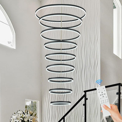 9-Rings, Modern LED Chandelier | Black | Dimmable | High Ceiling Chandeliers | Remote Control | Staircase Entryway Living Room Foyer