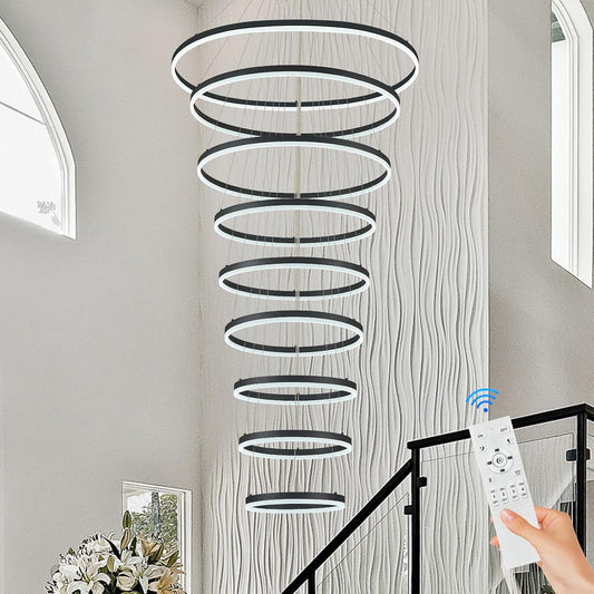 9-Rings D39.4In Modern LED Chandelier Black Dimmable High Ceiling Foyer Chandeliers Entryway with Remote Control for Staircase Entryway Living Room Foyer, 3000K-6500K