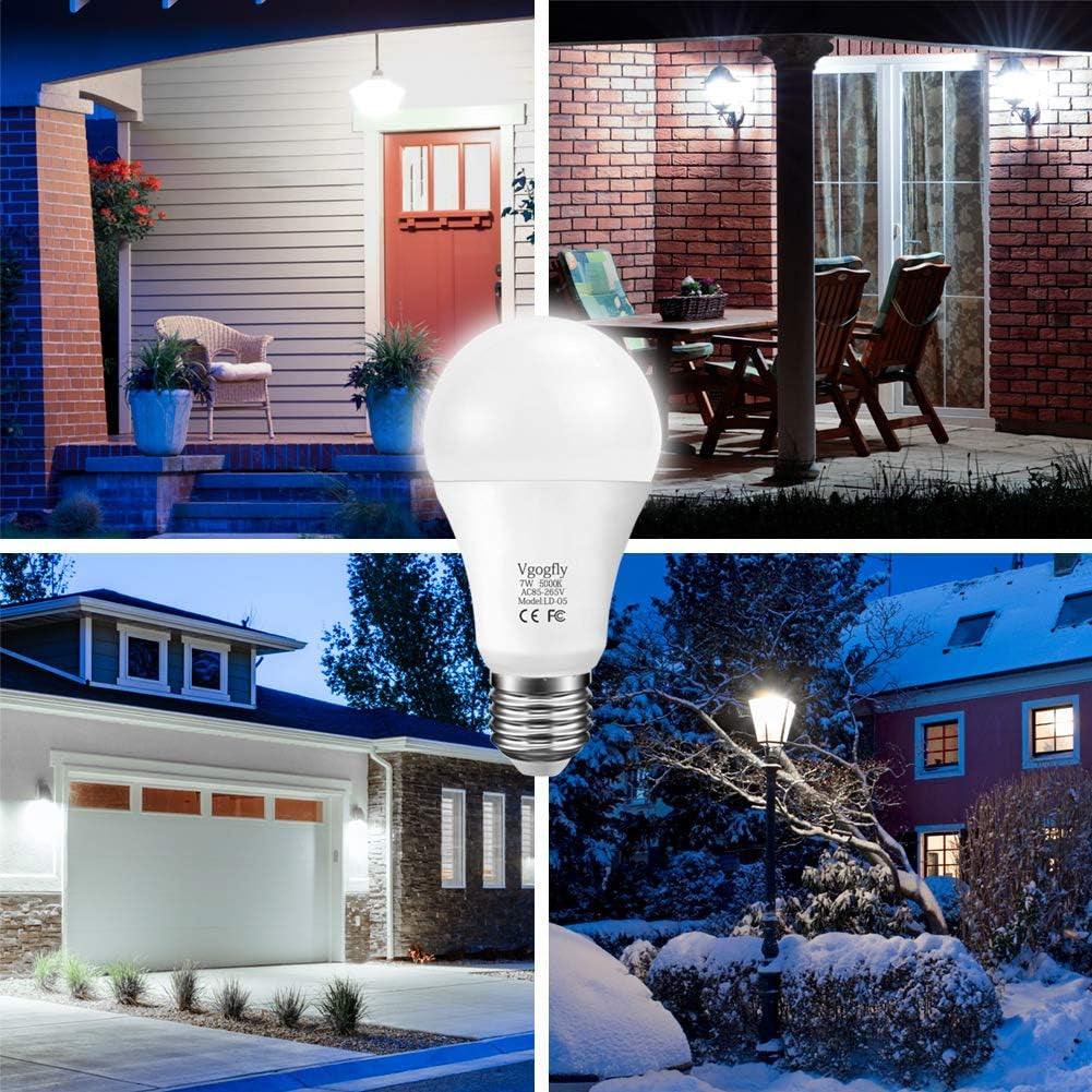 Dusk to Dawn Light Bulb 7W E26 Smart Sensor LED Bulbs Built-In Photosensor Detection with Auto Switch Outdoor Indoor LED Lighting Lamp for Porch Front Door Garage Basement (Cool White, 2 Pack)
