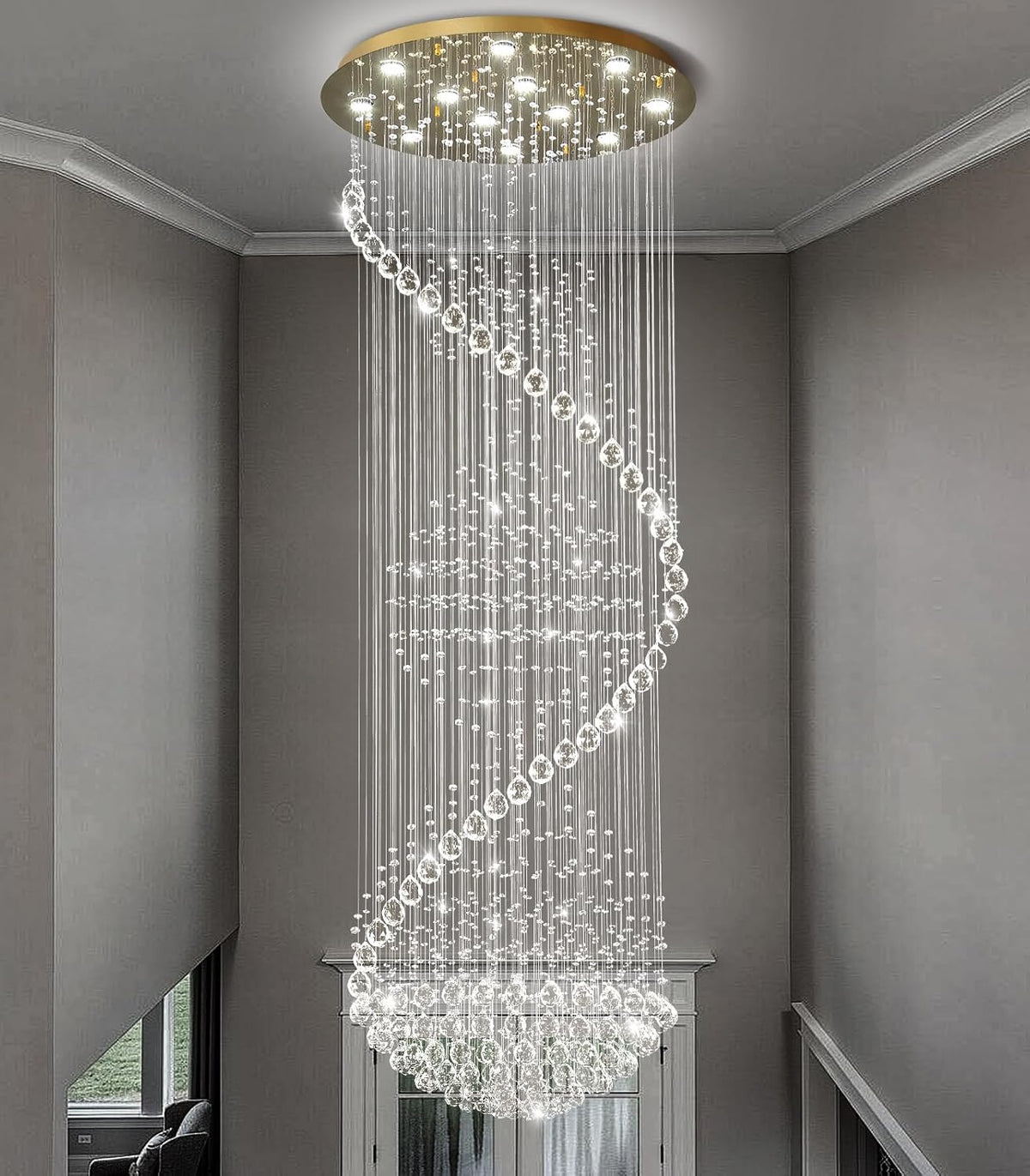 98'' Crystal Chandelier High Ceiling Chandeliers for Staircaes Large Raindrop Chandeliers LED Dimmable Flush Mount Light Fixtures for Foyer Hallway Entryway LED Bulbs Included Gold