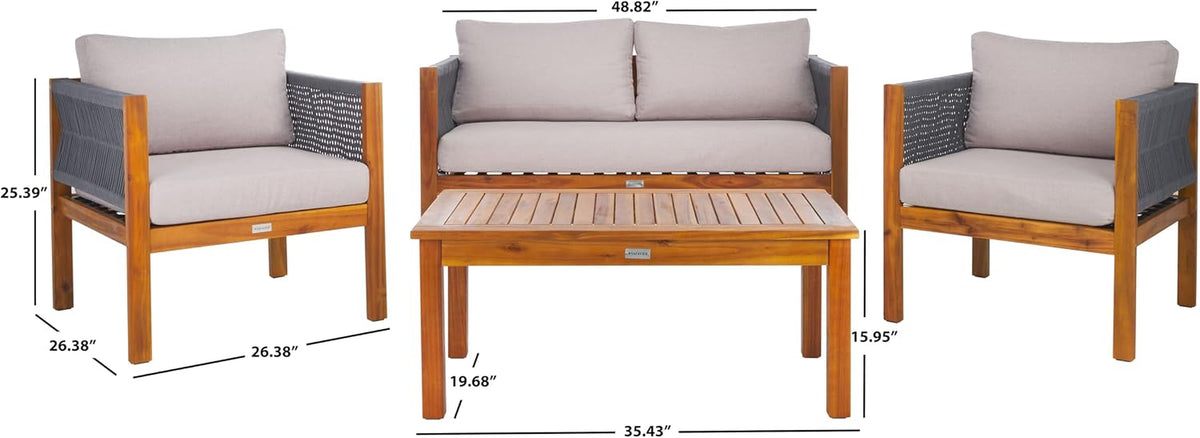 SAFAVIEH Outdoor Collection Wilson Brown Acacia Wood/Light Grey Cushion & Grey Rope 4-Piece Conversation Patio Set
