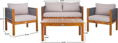 SAFAVIEH Outdoor Collection Wilson Brown Acacia Wood/Light Grey Cushion & Grey Rope 4-Piece Conversation Patio Set