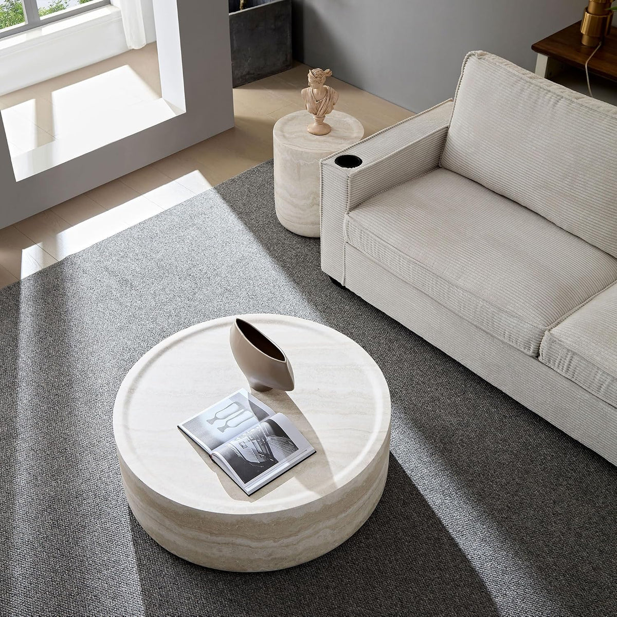 Round Coffee Table for Living Room Circle Coffee Table Faux Marble Pattern Coffee Table Modern Drum Center Table for Apartment, No Need Assembly (Travertine Fiberglass 39.37'')