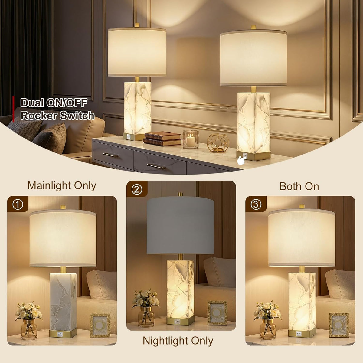 23" Alabaster Table Lamp Set of 2 for Living Room with Night Light