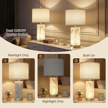 23" Alabaster Table Lamp Set of 2 for Living Room with Night Light