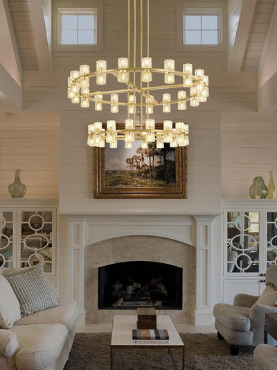 2 Tier Gold Wagon Wheel Chandelier, 108-Lights Farmhouse Pendant Light Fixture, Rustic round Chandelier for Foyer Entryway Living Room (Dia 32"+40")