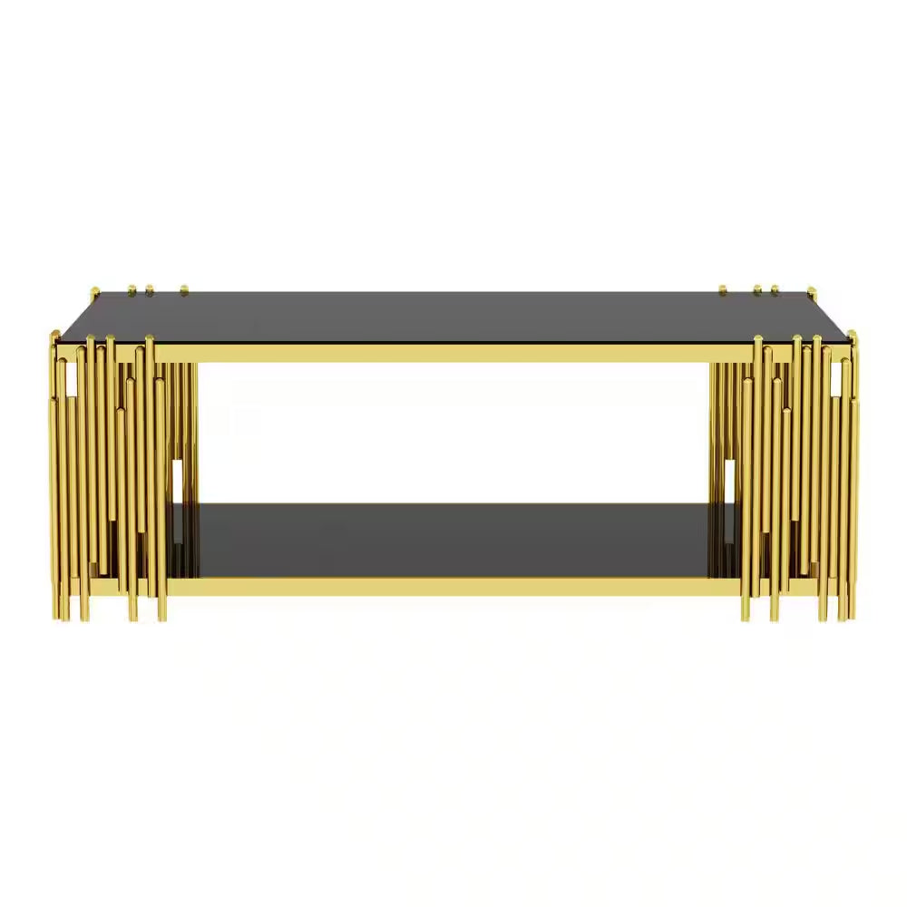 51 In. Black Rectangle Glass Coffee Table, Tempered Glass and Stainless Steel Legs, 2-Tier Center Table for Living Room