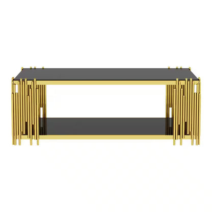 51 In. Black Rectangle Glass Coffee Table, Tempered Glass and Stainless Steel Legs, 2-Tier Center Table for Living Room