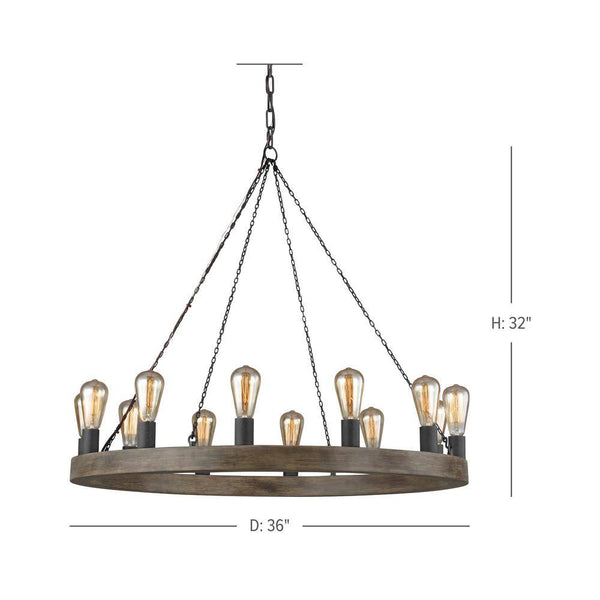 12-Light Weathered Oak Wood and Antique Forged Iron Rustic Farmhouse Wagon Wheel Candlestick Chandelier
