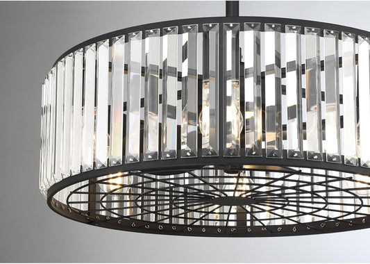 23-FD-245-322 Janus Luxe LED Chandelier Ceiling Fan with Light and Remote, Crystal Drum Fandelier with 6-Light 48 Total Watts, 10" H X 23" W, Matte Black