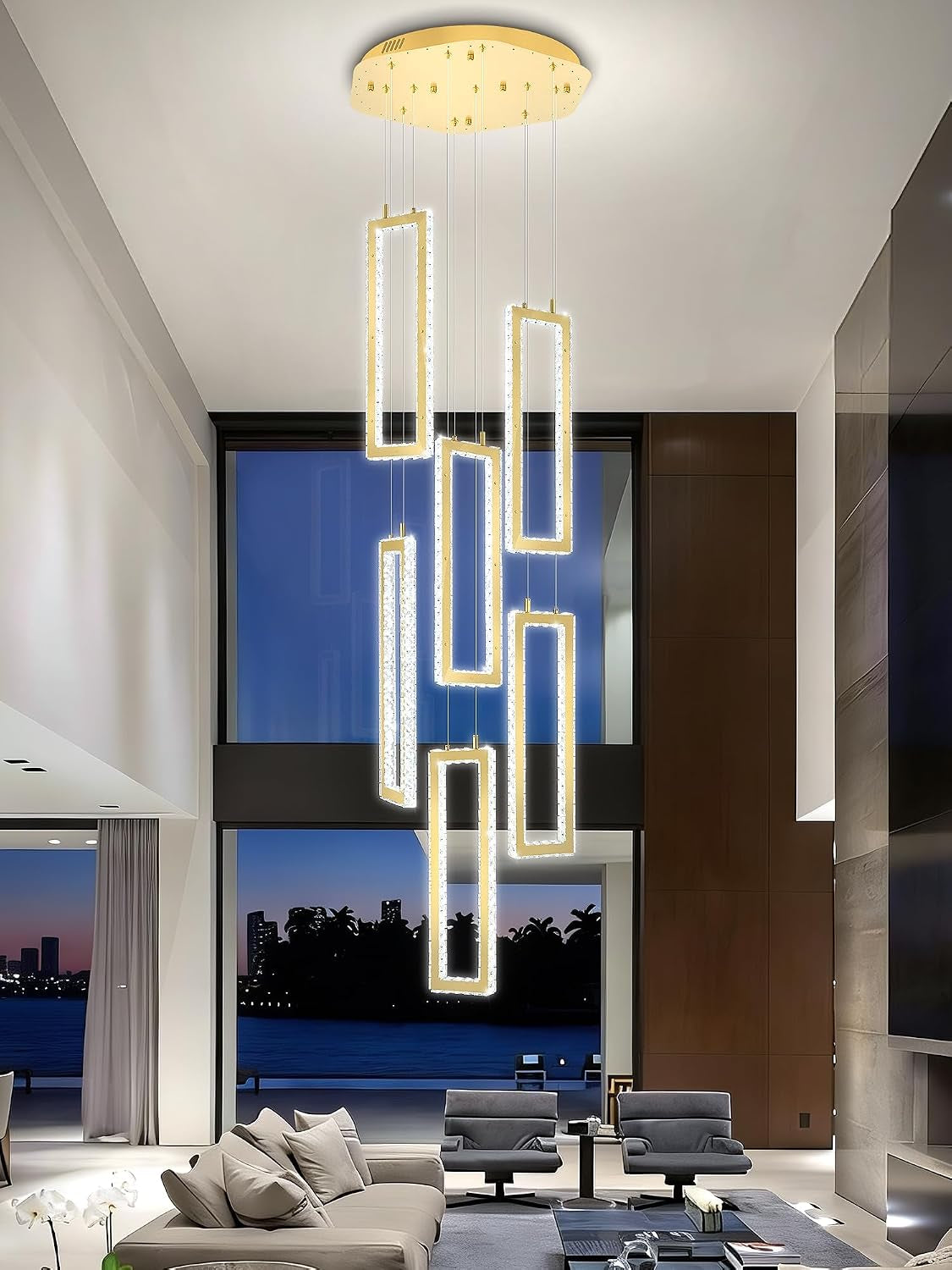 Modern Led Gold Chandelier Adjustable 6 Rings Crystal Chandelier for Living Room Foyer Stairwell Lighting High Ceiling Lamp Dimmable 2700K-6000K