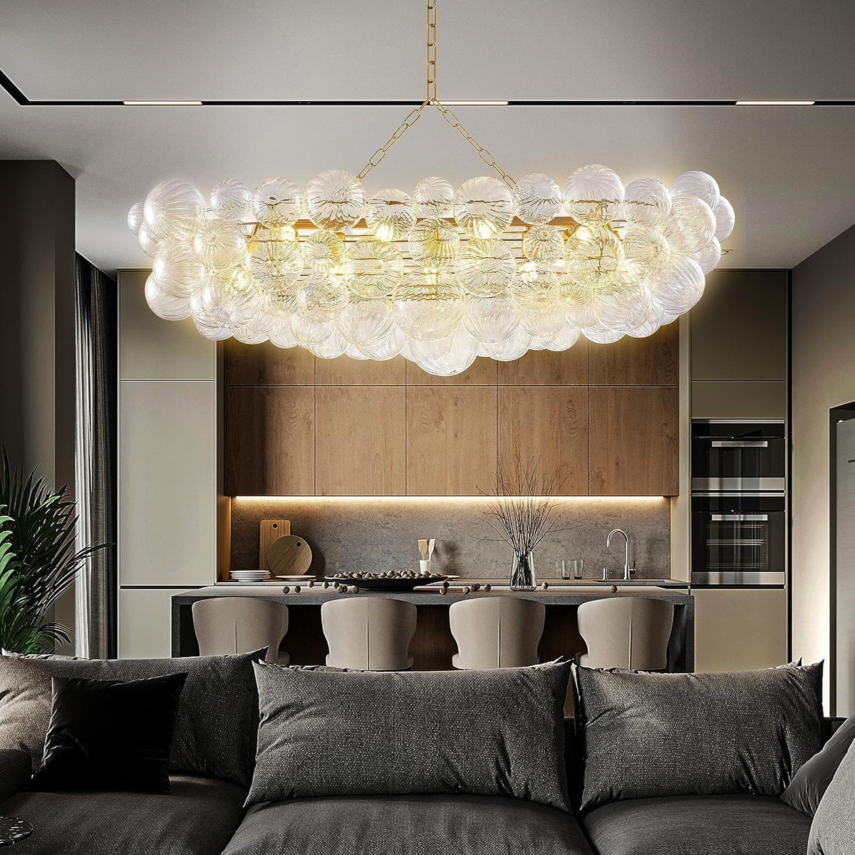 Nordic Bubble Ball Swirled Glass Long Chandelier 50 Inches Gold and Clear