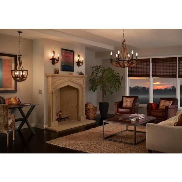6-Light Rustic Iron/Burnished Wood | Beaded Candlestick | Hanging Chandelier with Carved Wood Details