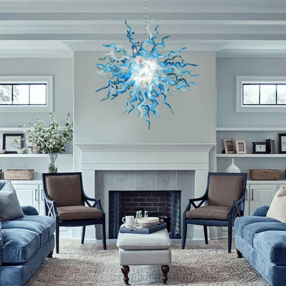 28" Hand Blown Glass Chandelier, Blue White Art Deco Pendant