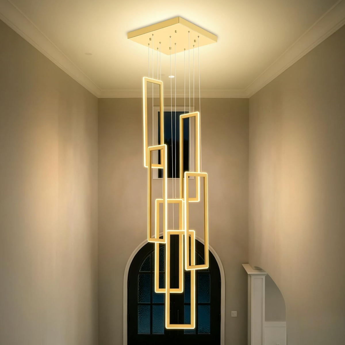 6-Ring Rectangle Chandelier Foyer High Ceiling Chandelier Contemporary Large Led Gold Ring Chandeliers for Staircase Villa