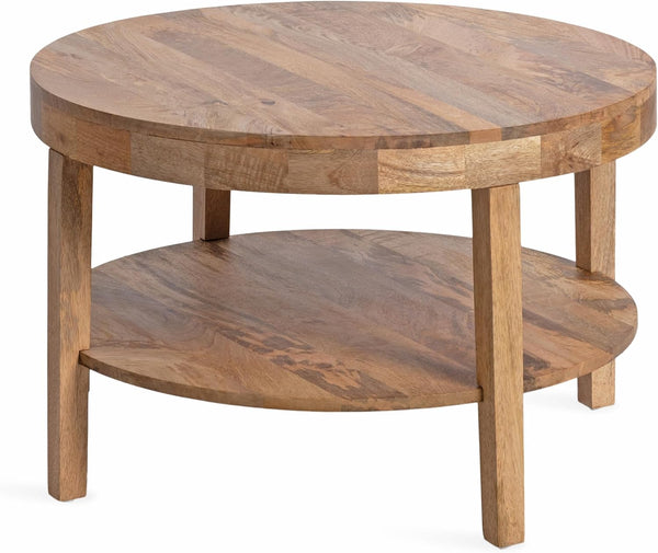 Talcott Tiered Modern round Coffee Table, 28 X 28 X 18, Natural Wood, Transitional Two-Tier Circle Living Room Table with Storage and Mango Wood Construction