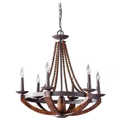 6-Light Rustic Iron/Burnished Wood | Beaded Candlestick | Hanging Chandelier with Carved Wood Details