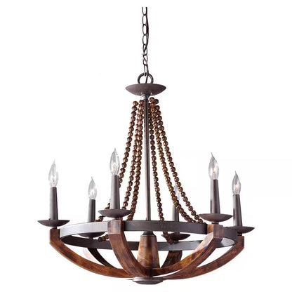 Adan 6-Light Rustic Iron/Burnished Wood Beaded Candlestick Hanging Chandelier with Carved Wood Bead Details