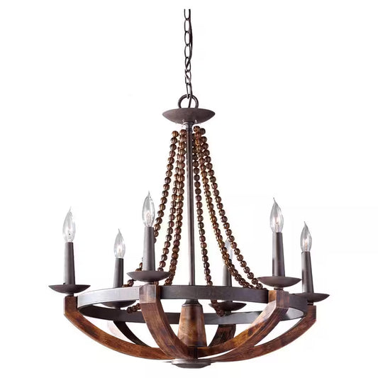 Adan 6-Light Rustic Iron/Burnished Wood Beaded Candlestick Hanging Chandelier with Carved Wood Bead Details