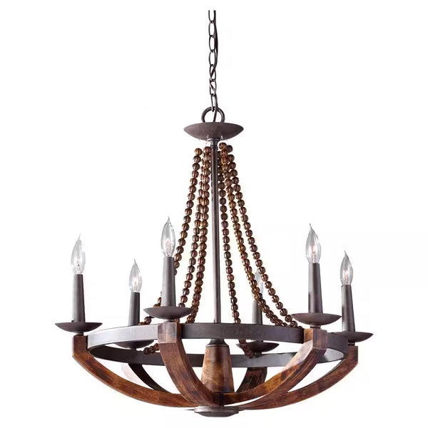 Adan 6-Light Rustic Iron/Burnished Wood Beaded Candlestick Hanging Chandelier with Carved Wood Bead Details