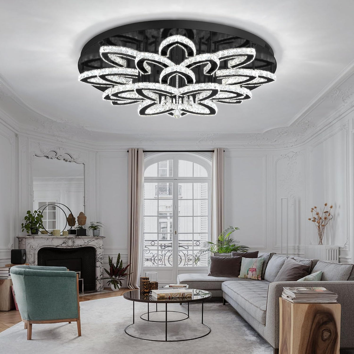 40" Modern Crystal Chandelier for Dining Room LED Dimmable Flush Mount Chandeliers Black Ceiling Chandelier for Living Room Bedrooms