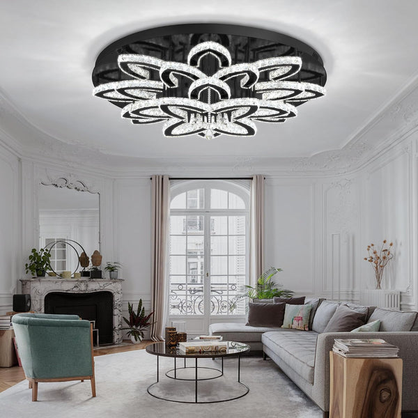 40" Modern Crystal Chandelier for Dining Room LED Dimmable Flush Mount Chandeliers Black Ceiling Chandelier for Living Room Bedrooms
