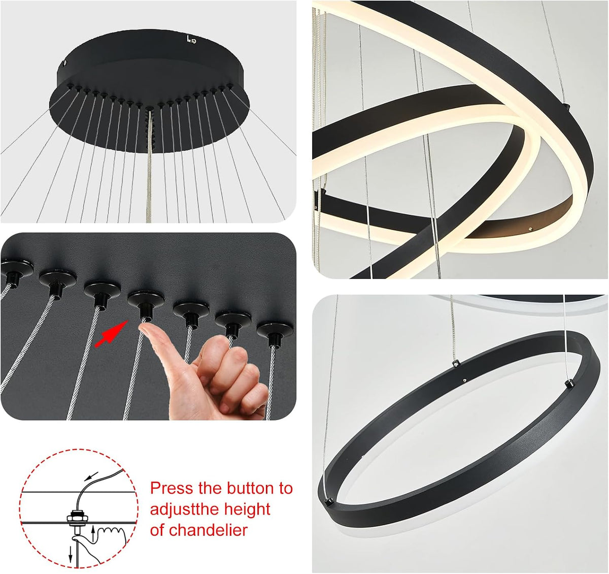 9-Rings D39.4In Modern LED Chandelier Black Dimmable High Ceiling Foyer Chandeliers Entryway with Remote Control for Staircase Entryway Living Room Foyer, 3000K-6500K