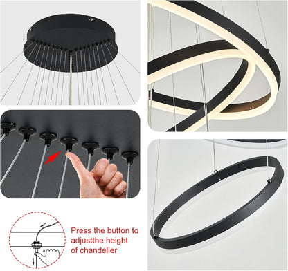 9-Rings D39.4In Modern LED Chandelier Black Dimmable High Ceiling Foyer Chandeliers Entryway with Remote Control for Staircase Entryway Living Room Foyer, 3000K-6500K