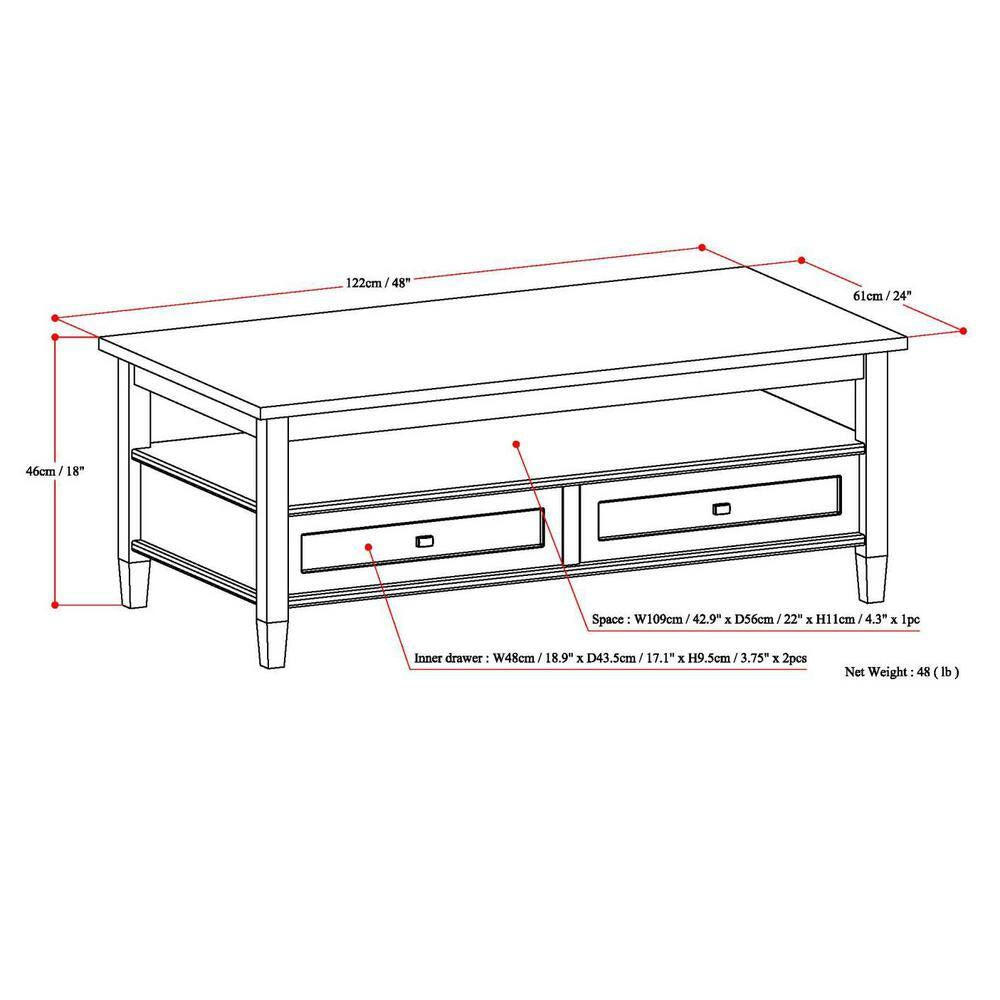 Warm Shaker 48 In. Wide Rectangle Solid Wood Coffee Table in Tobacco Brown