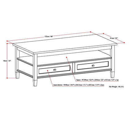 Warm Shaker 48 In. Wide Rectangle Solid Wood Coffee Table in Tobacco Brown