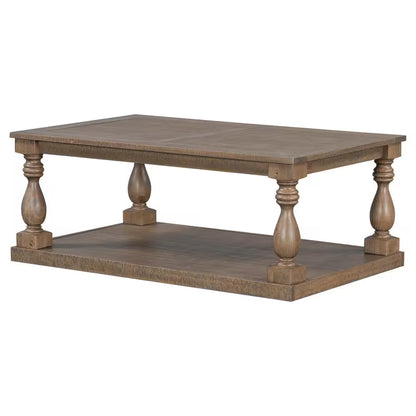 Rustic 43.5 In. Brown Rectangle Solid Wood Coffee Table with Storage Shelf, Artistic Vase Column Legs