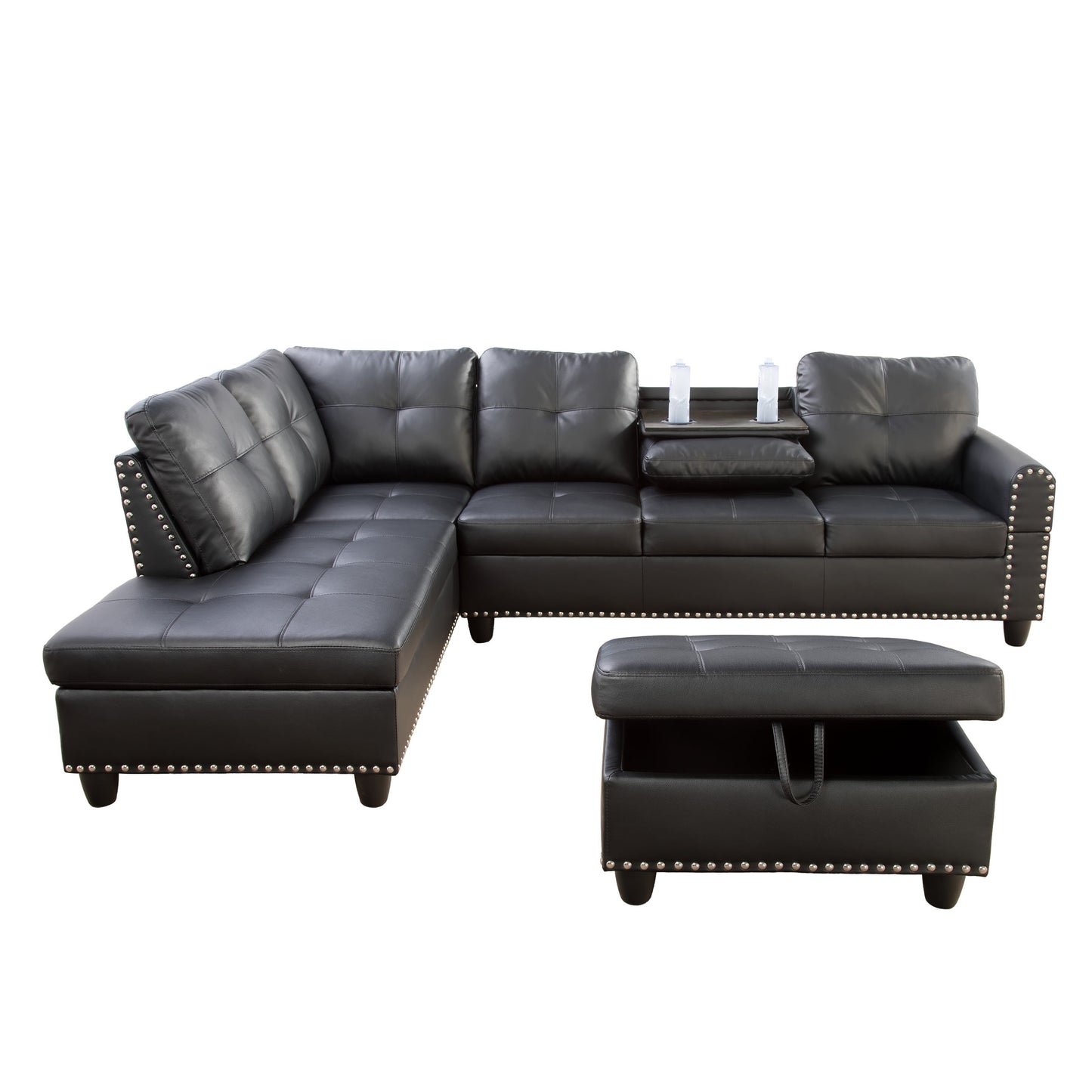 L Shaped Couch Modern Sectional Sofa with Left Chaise & Ottoman Tufted Modular Sofa Couch Set for Living Room, Black