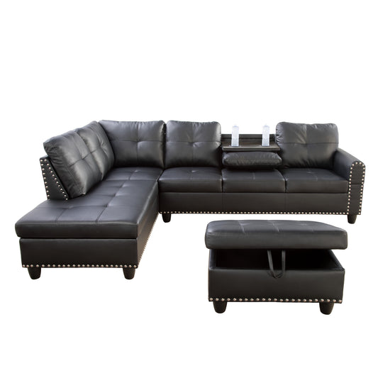 L Shaped Couch Modern Sectional Sofa with Left Chaise & Ottoman Tufted Modular Sofa Couch Set for Living Room, Black