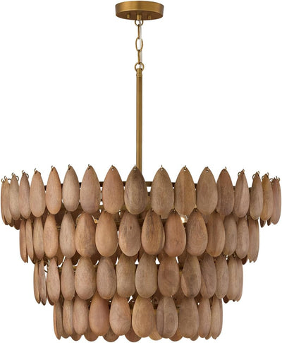 Artisan Handcrafted Mango Wood Pendant Ceiling Light, 4-Light 240 Total Watts, 17" H X 29" W, Light Wood and Brass