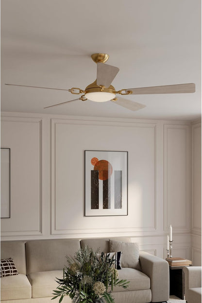 MINKA-AIRE Cadena 65" 5-Blade 5CCT LED Smart Ceiling Fan - Heritage Brass and Warm Coastal Driftwood Blades with Etched Lens