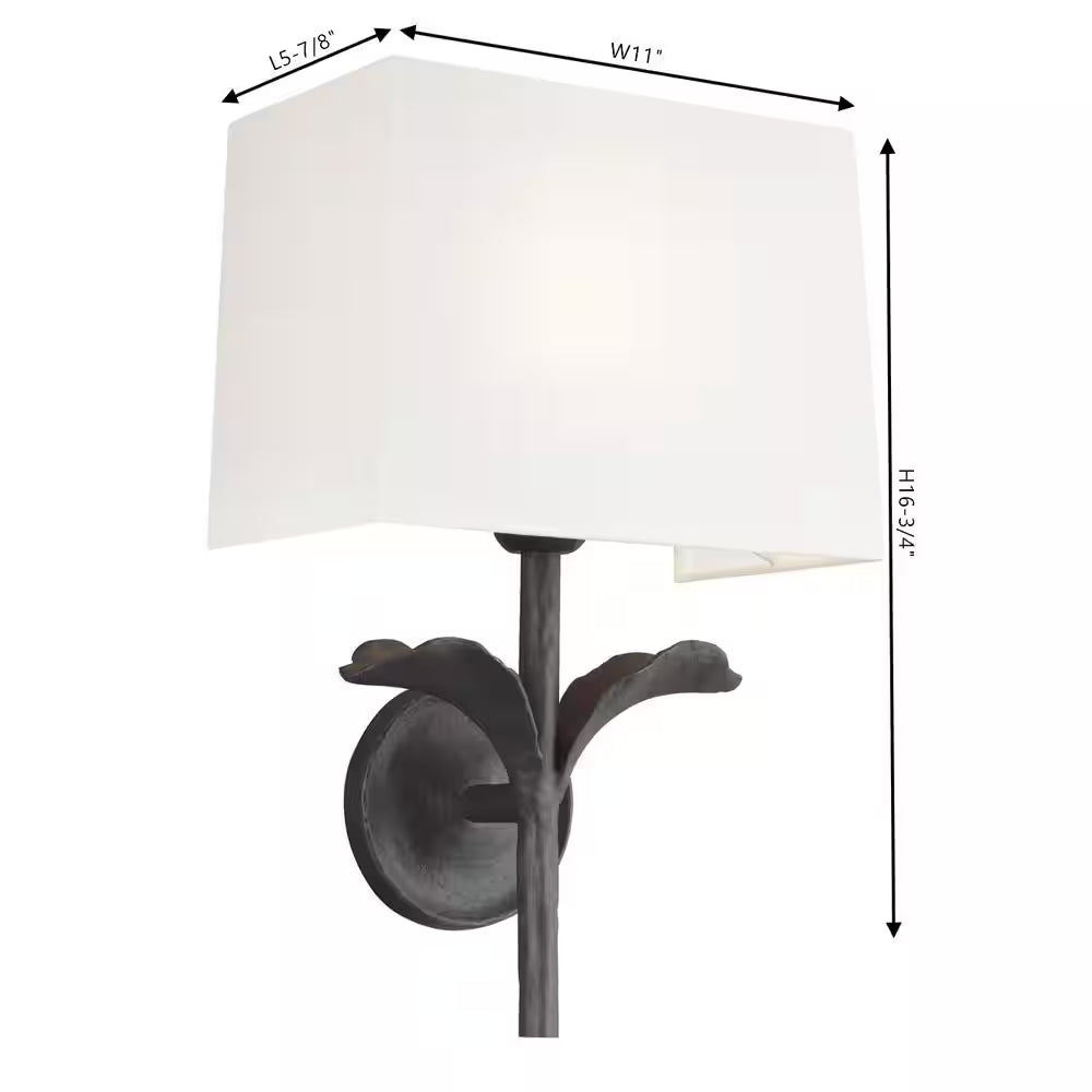 Georgia 1-Light 11 In. Aged Iron Wall Sconce with White Linen Shade