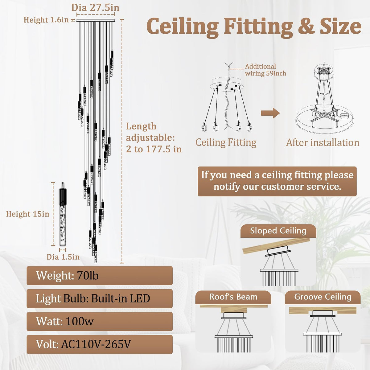 High Ceiling Chandeliers Long Spiral Chandeliers for Entryway H144Inch Modern Crystal Chandelier for Staircase Foyer Living Room Sloped Ceilings Light Fixture