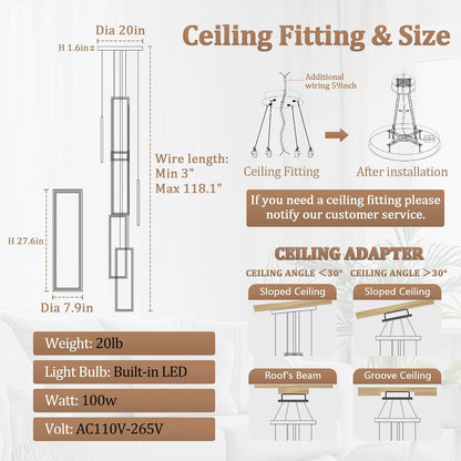 Modern Chandelier,Black Chandelier with 6 Ring Led Foyer Chandeliers,Larger High Ceiling Chandelier for Living Room,Square Chandelier for Entryway Staircase LED Dimming 2700K-6000K